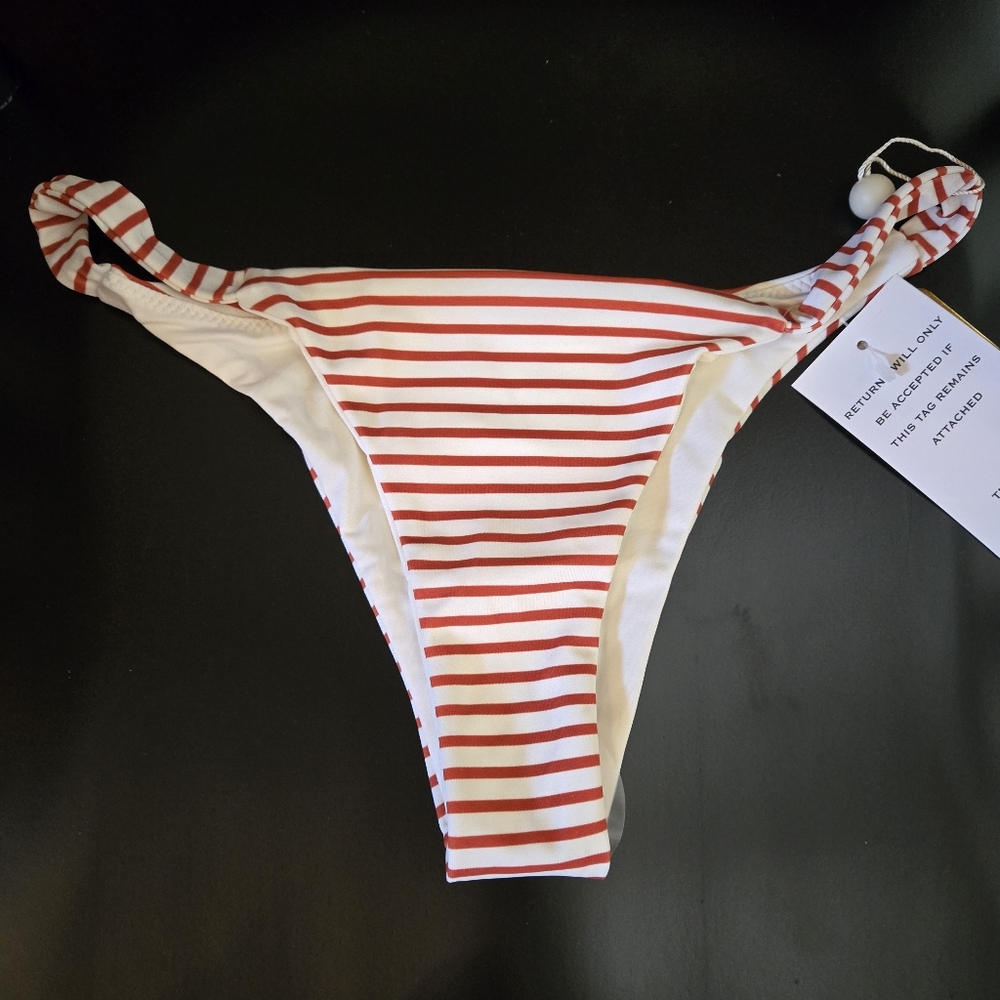 NWT For Love & Lemons Swim Bikini Bottom Striped Red White Cheeky Skimpy Heart